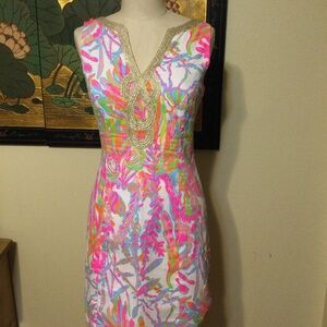 Lily Pulitzer Janice Scuba To Cuba Print Gold Soutache Shift Dress Preowned